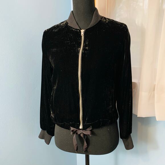 J.Crew Black Velvet Bomber Jacket with Waist Ties Size XS - Picture 7 of 8